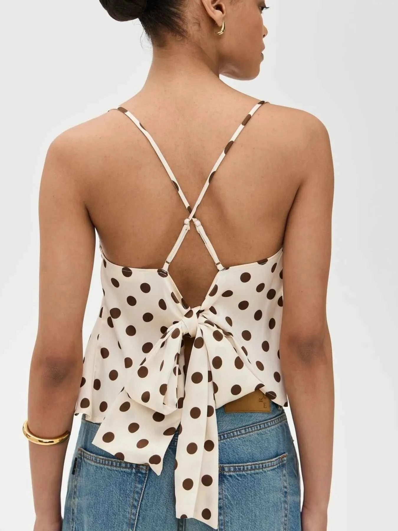 Cowl Neck Polka Dot Cami with Crisscross Back Tie