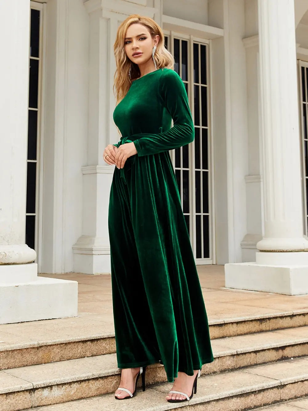 Tie Front Round Neck Long Sleeve Maxi Dress by Shopiebay
