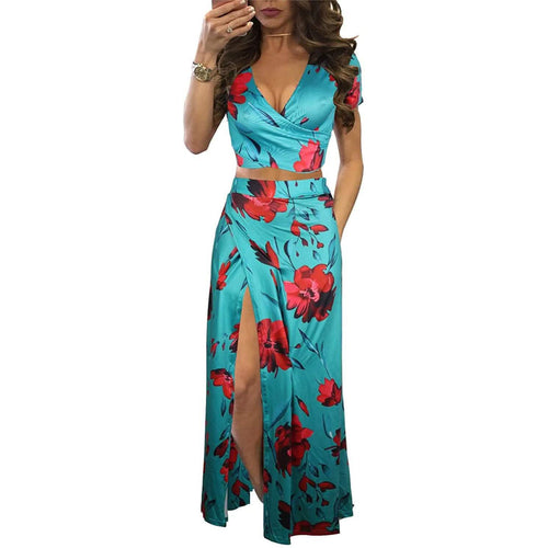 Aro Lora Women's Sexy V Neck Floral Printed Side Slit Two-Piece Maxi Dress by DailySale