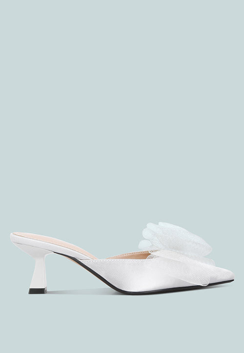 Asma Organza Bow Embellished Satin Mules by London Rag