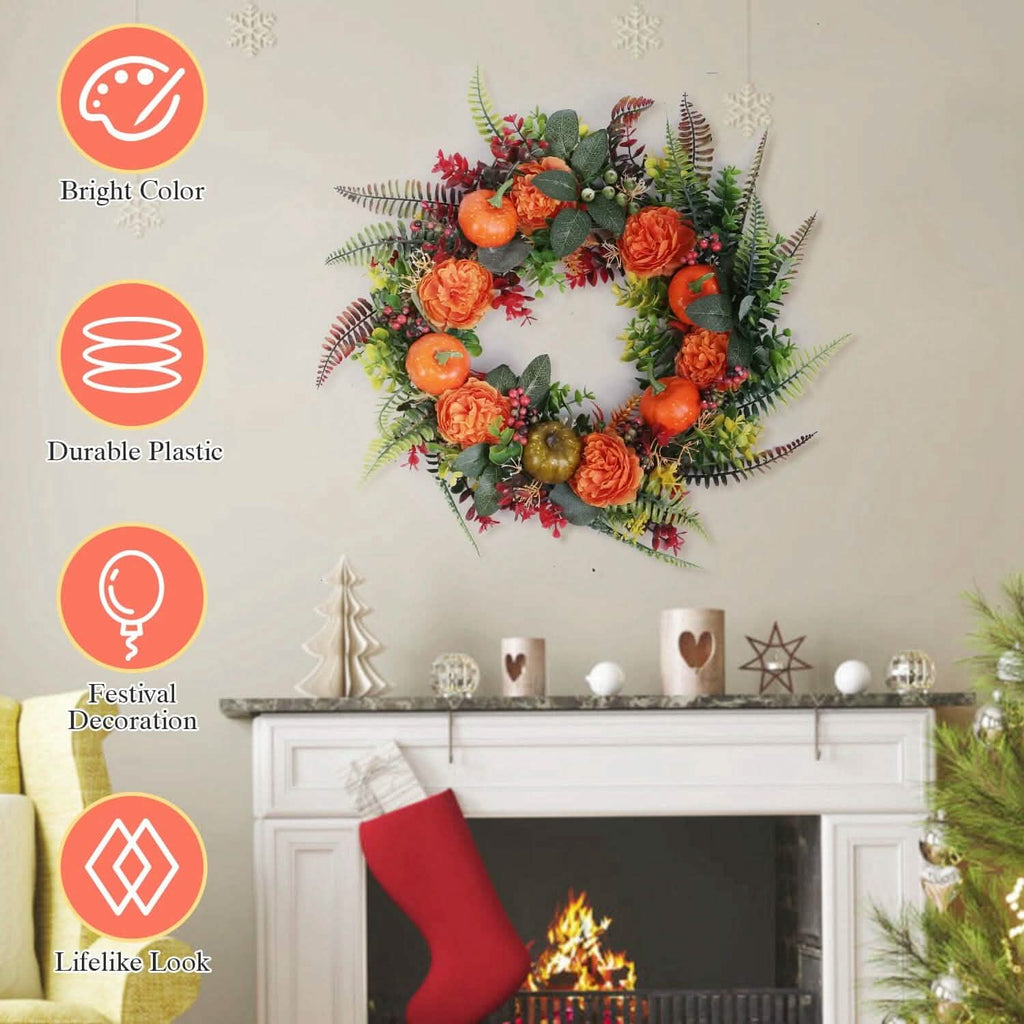 Autumn Wreath with Pumpkin Mixed Leaves Berries Flower Fall by DailySale