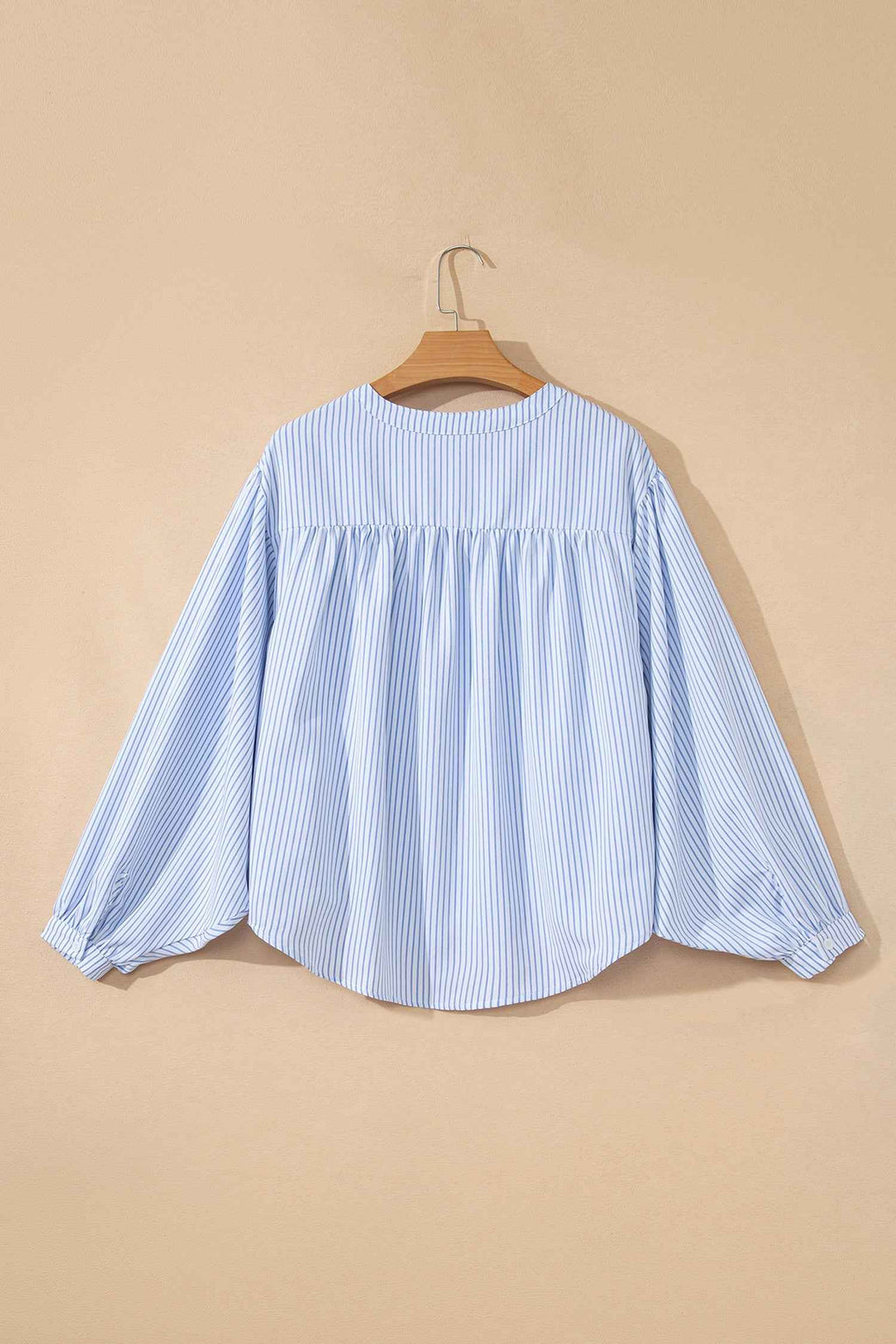Sky Blue Stripe Floral Embroidered Billowy Sleeve Tunic Baggy Shirt