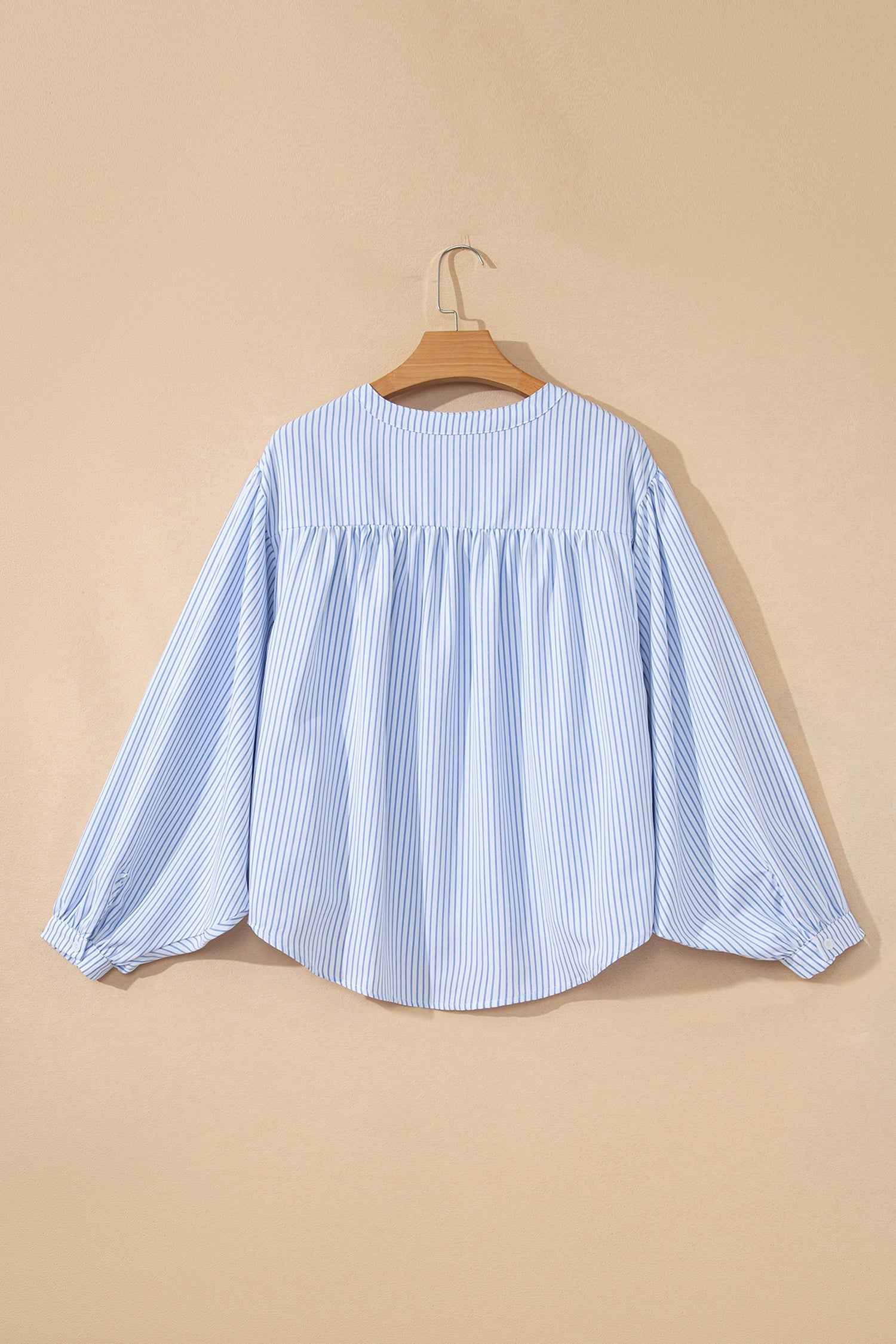 Sky Blue Stripe Floral Embroidered Billowy Sleeve Tunic Baggy Shirt