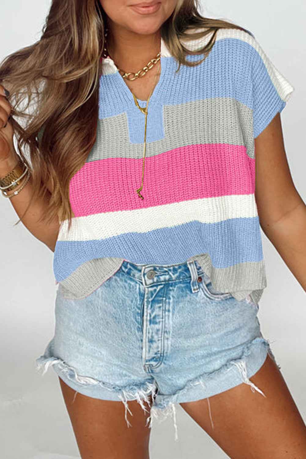 Light Blue Color Block Notch V Neck Sweater T Shirt