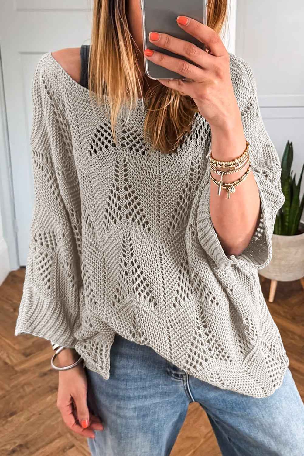 Navy Blue Hollow Out Knit 3/4 Sleeve Loose Sweater
