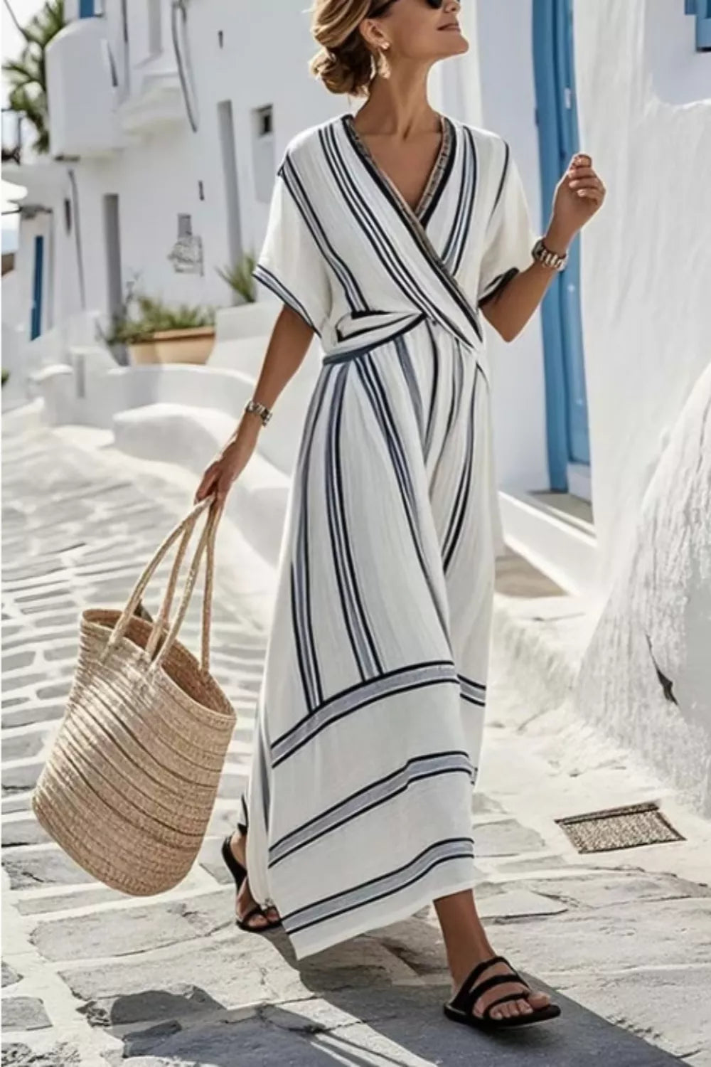 Striped Wrap Half Sleeve Maxi Dress by Shopiebay
