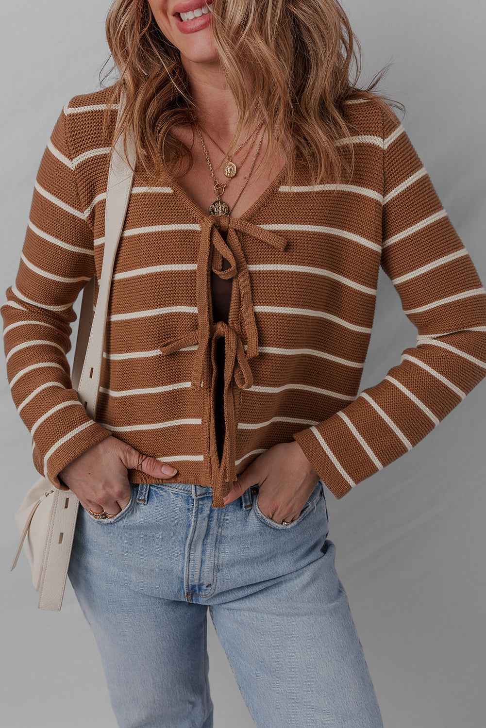 Chestnut Tie Front Striped Knit V Neck Cardigan Sweater