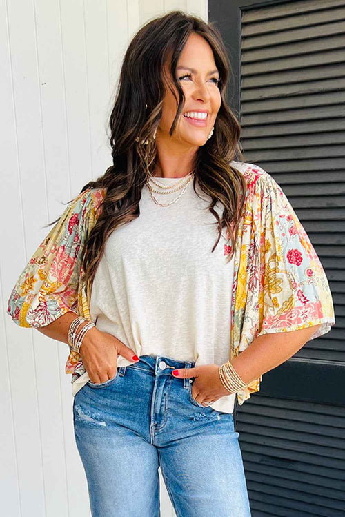 Beige Floral Patchwork Batwing Sleeve Blouse by Wild and Free Boutique