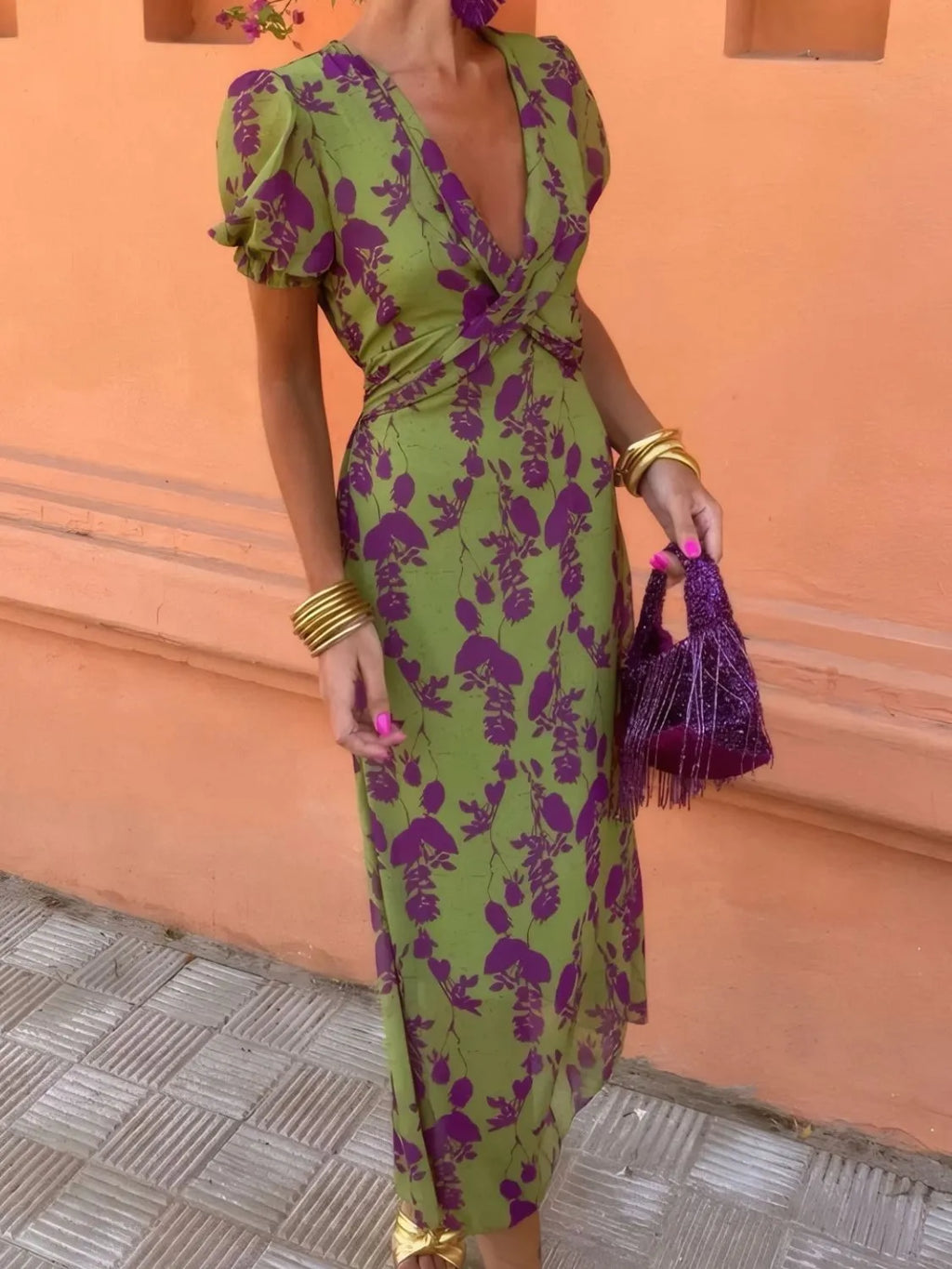 Printed Plunge Short Sleeve Midi Dress by Shopiebay