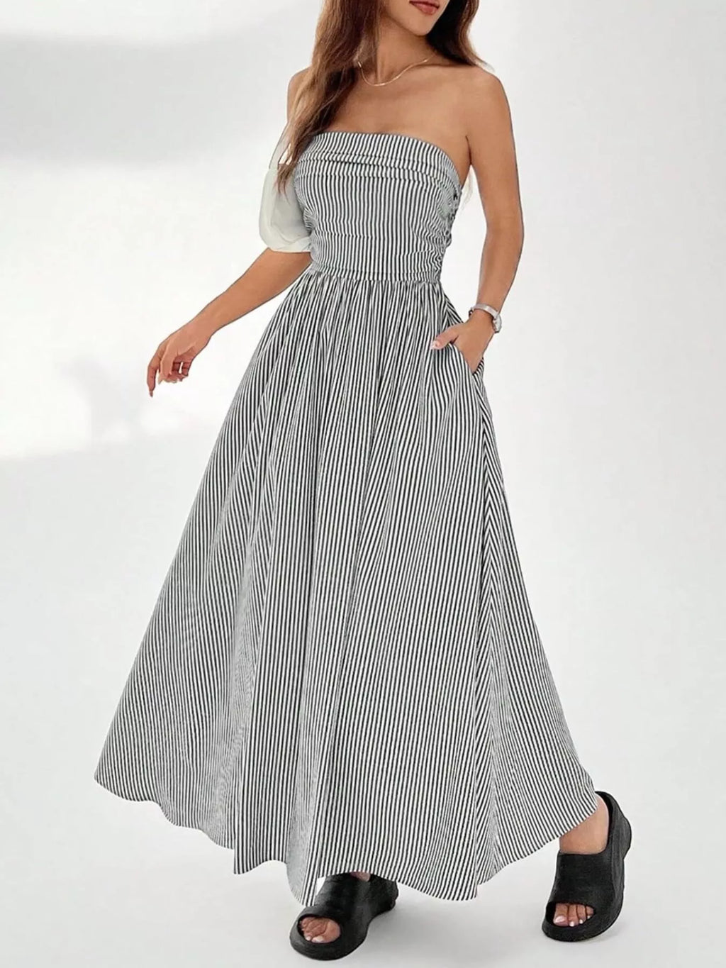 Striped Strapless Casual Maxi Dress by Shopiebay