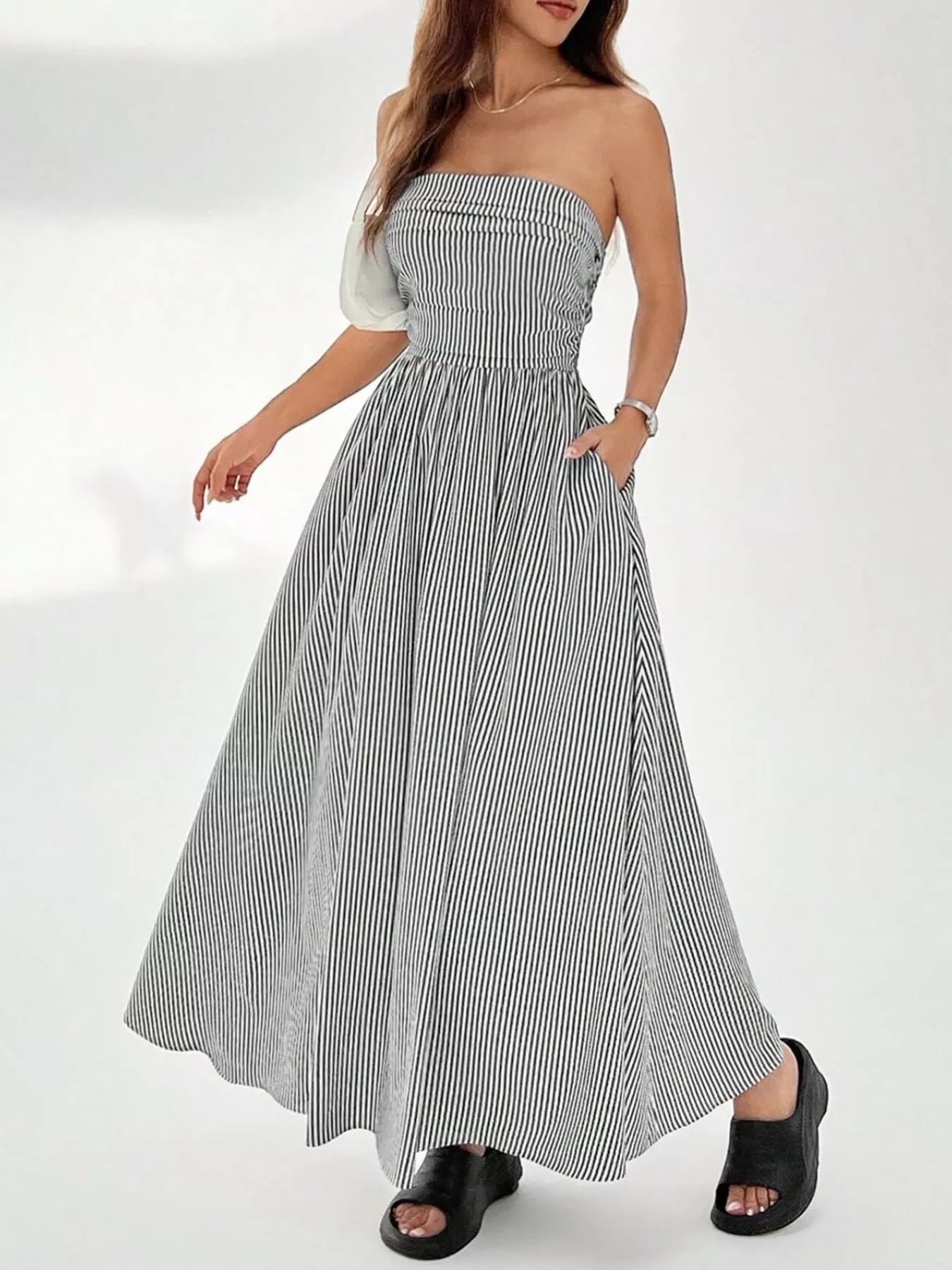 Striped Strapless Casual Maxi Dress by Shopiebay