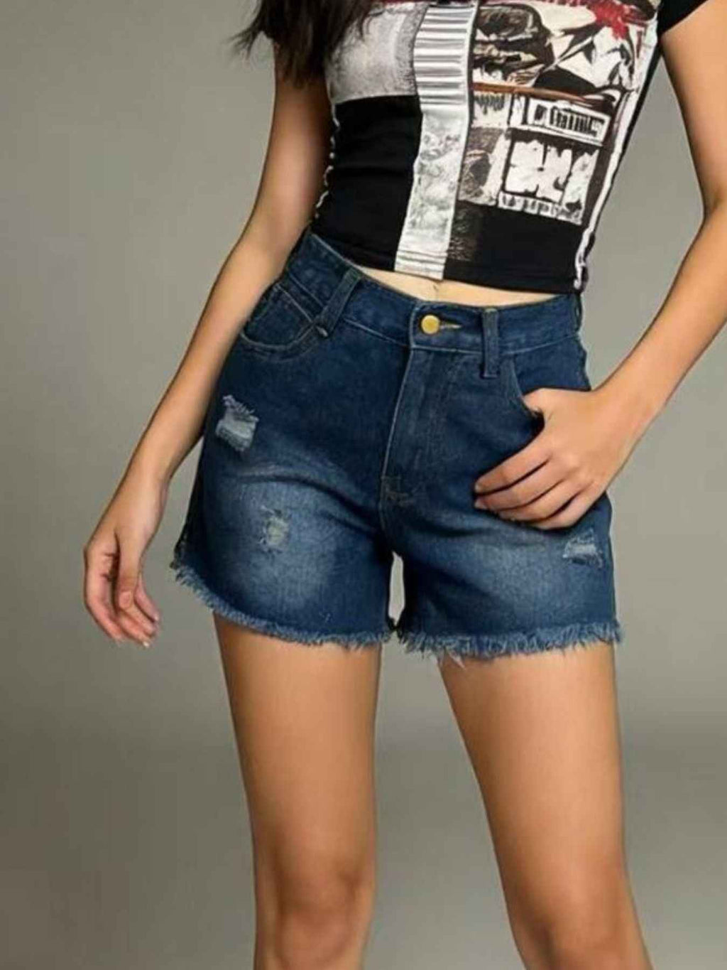 Distressed Frayed Hem Denim Shorts