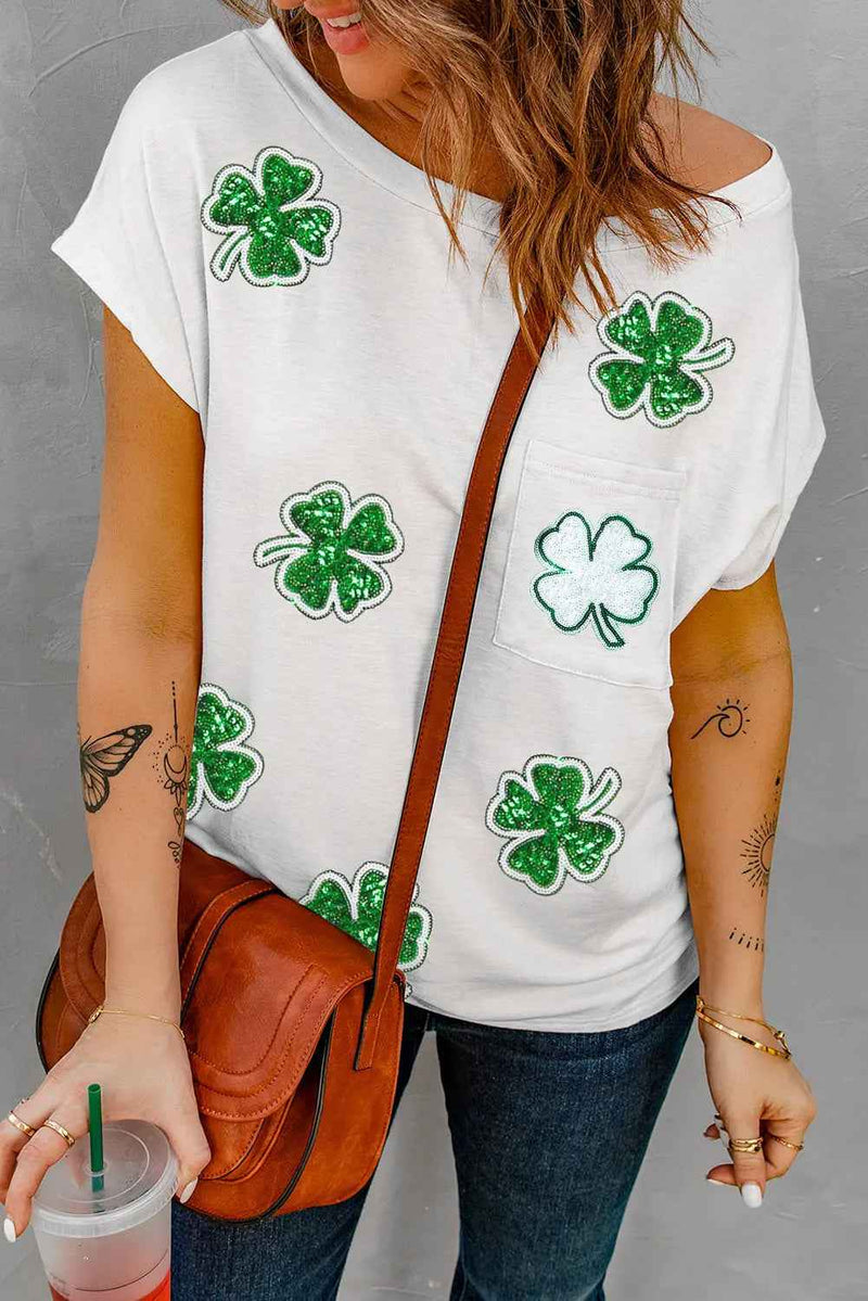 Sequin Lucky Clover Boat Neck T Shirt by Be Bliss Boutique