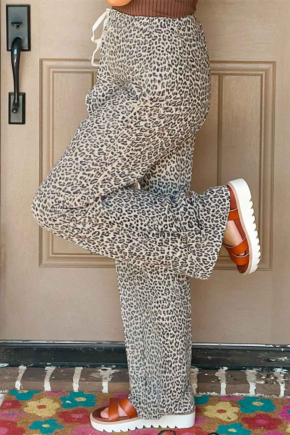 Brown Leopard Drawstring Loose Pants