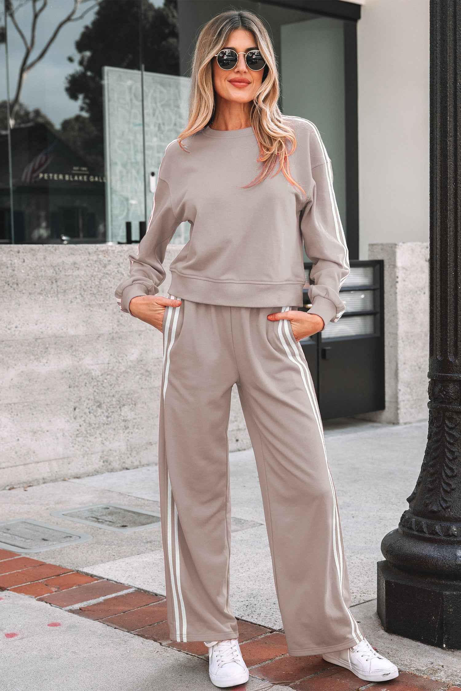 Gray Morn Varsity Striped Detail Crewneck Pullover Elastic Sweatpants 2pcs Outfit