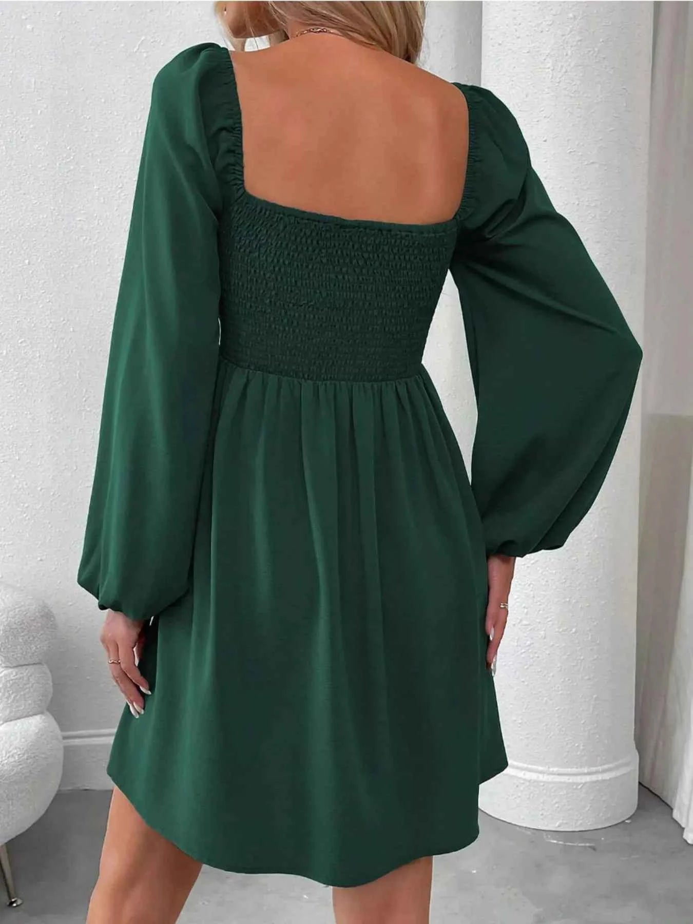Ruched Square Neck Long Sleeve A-Line Dress