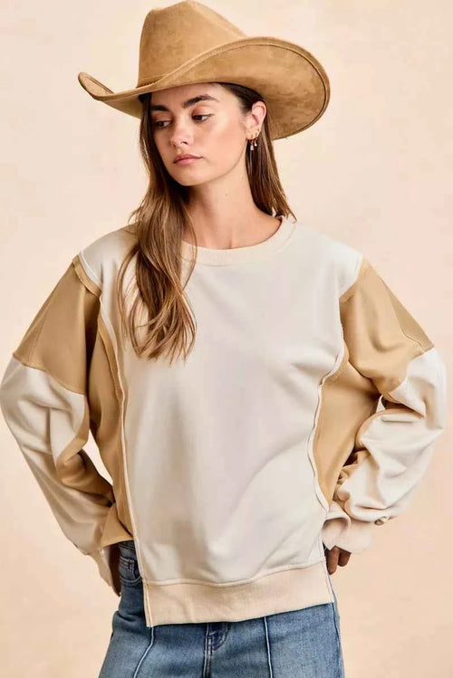 BiBi French Terry Color Block Top With Open Seam Detail by Wild and Free Boutique