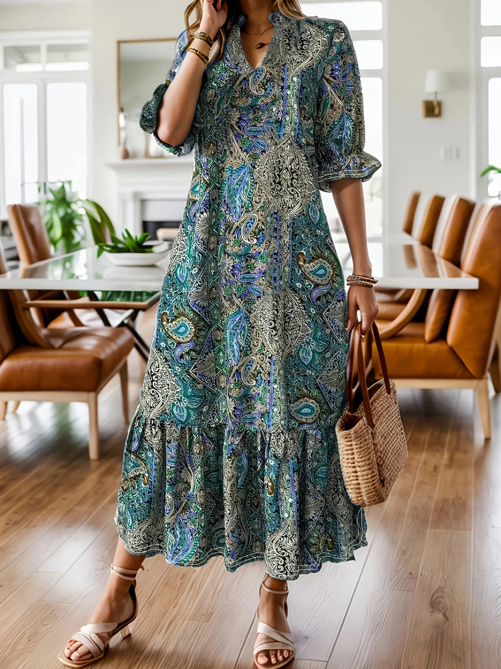 Bohemian Paisley Print Ruffle Hem Midi Dress by Shopiebay