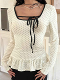Polka Dot Ruffle Trim Tie Front Long Sleeve Top