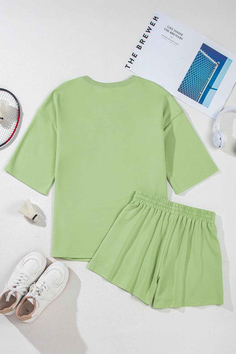 Meadow Mist Green Solid Loose V Neck Half Sleeve Tee and Shorts