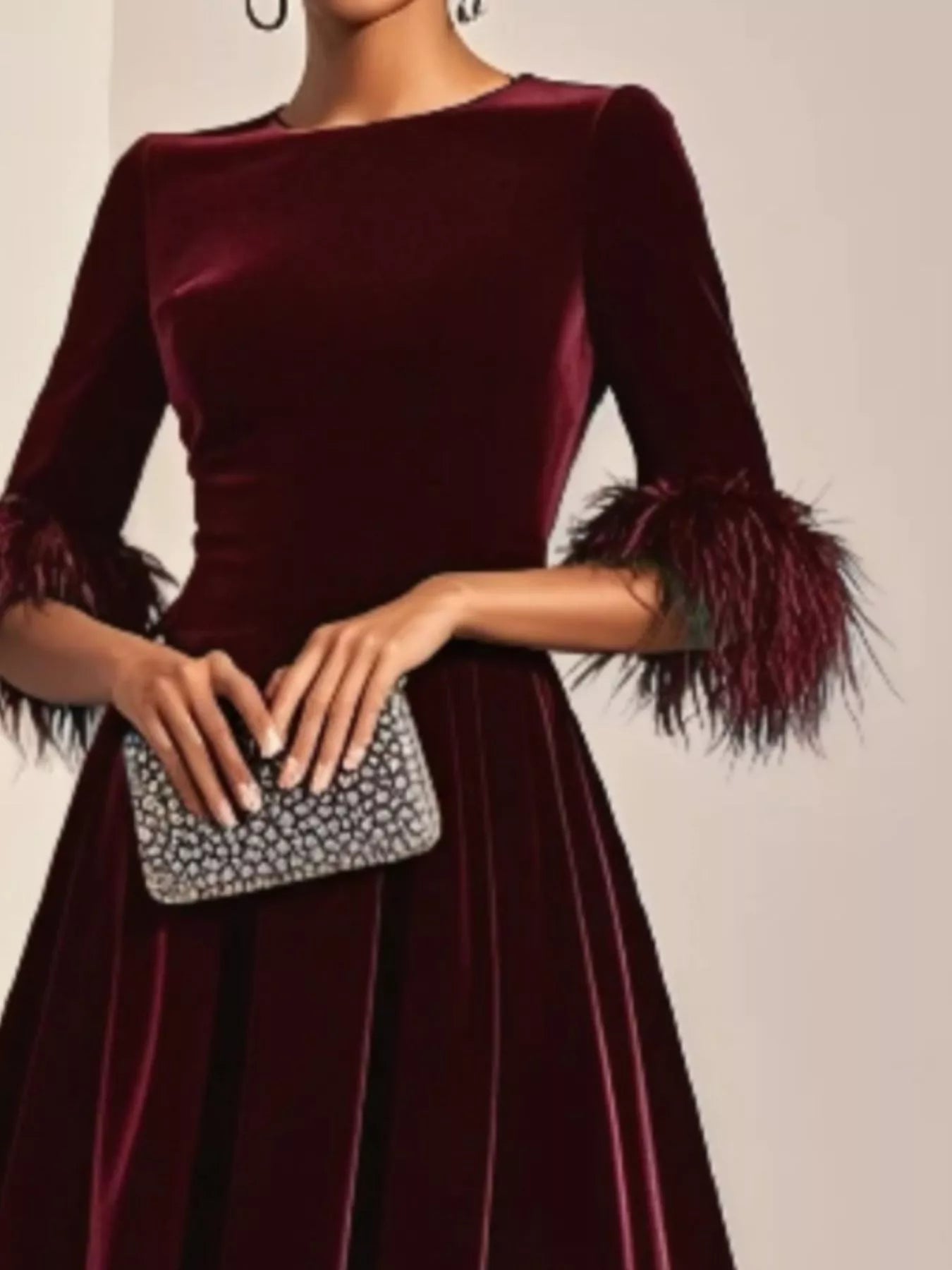 Velvet Midi Dress with Feather Cuffs by Shopiebay
