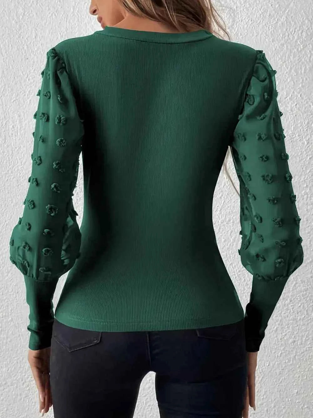 Swiss Dot V Neck Long Sleeve Top