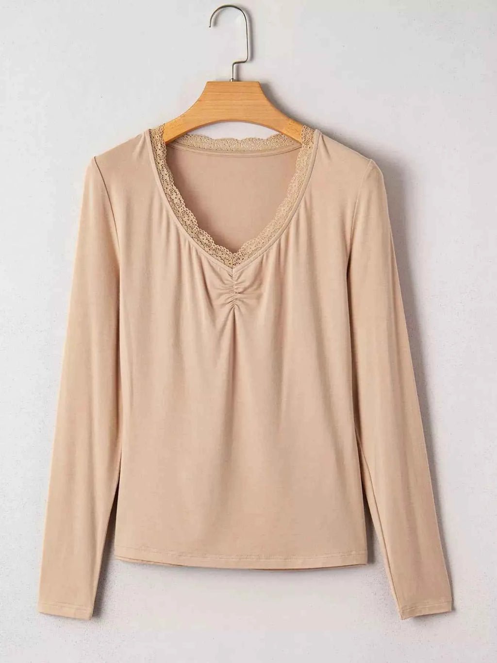Lace-Trimmed Ruched Detail Long Sleeve T Shirt