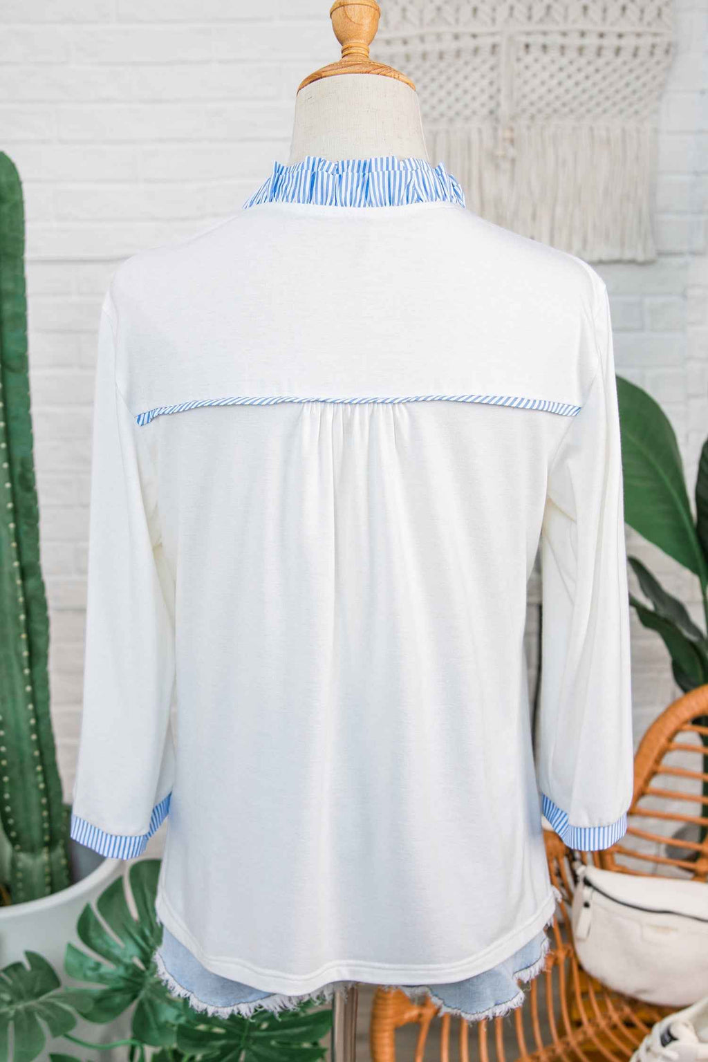 White Striped Patchwork V Neck 3/4 Sleeve Blouse