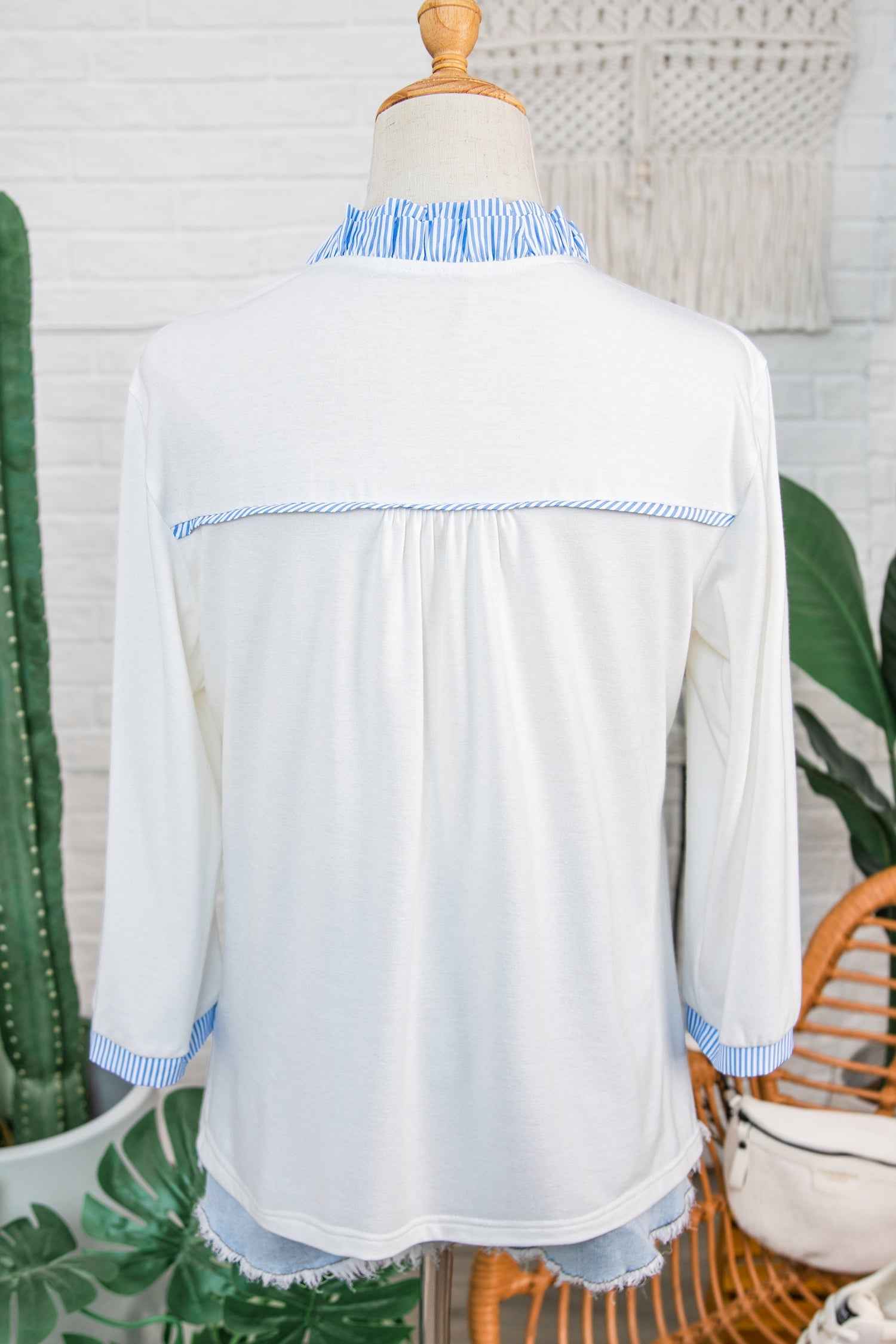White Striped Patchwork V Neck 3/4 Sleeve Blouse