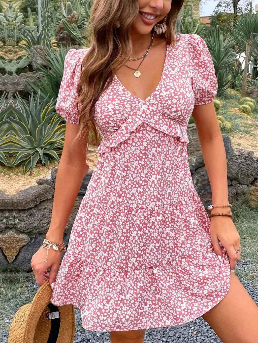 Floral Puff Sleeve Mini Wrap Dress – Pink Ditsy Ruffle Hem