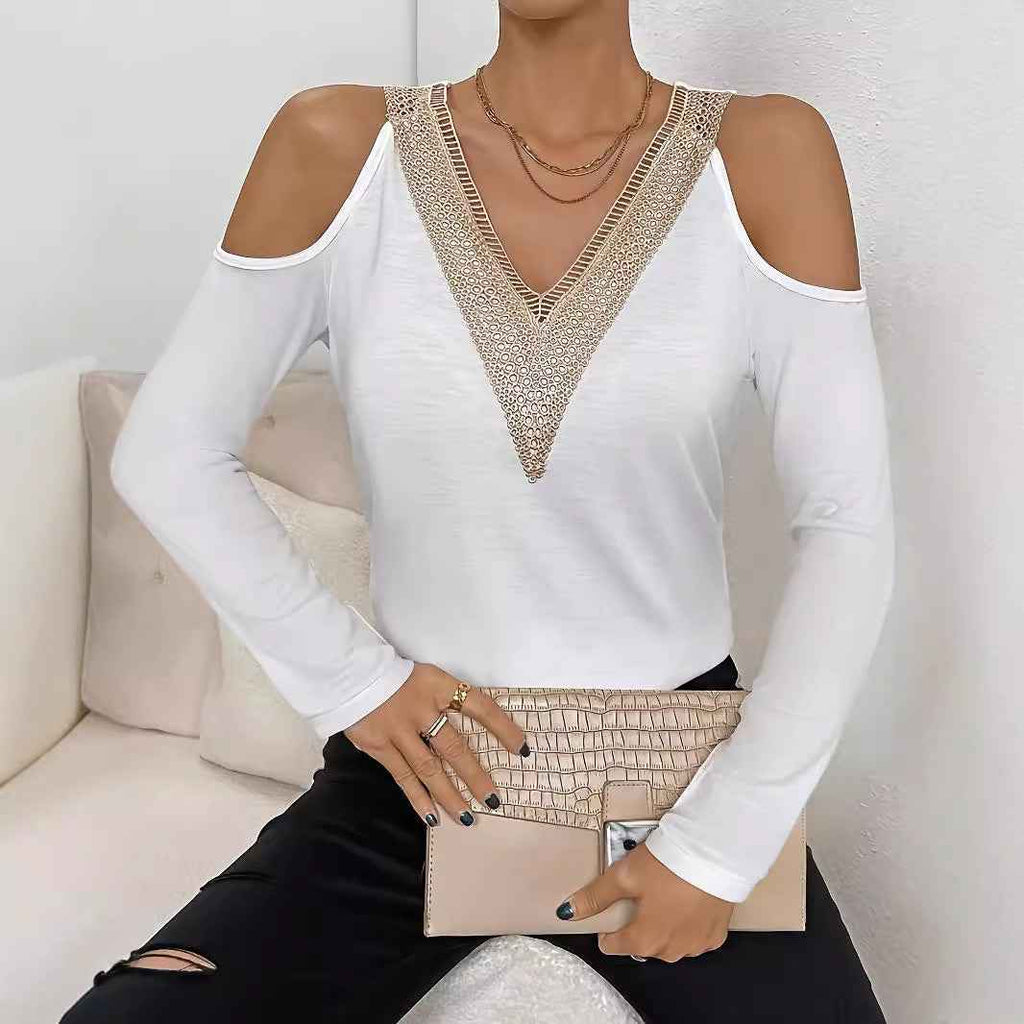 Fashion Hollowed-out Solid Color T-shirt Top Women