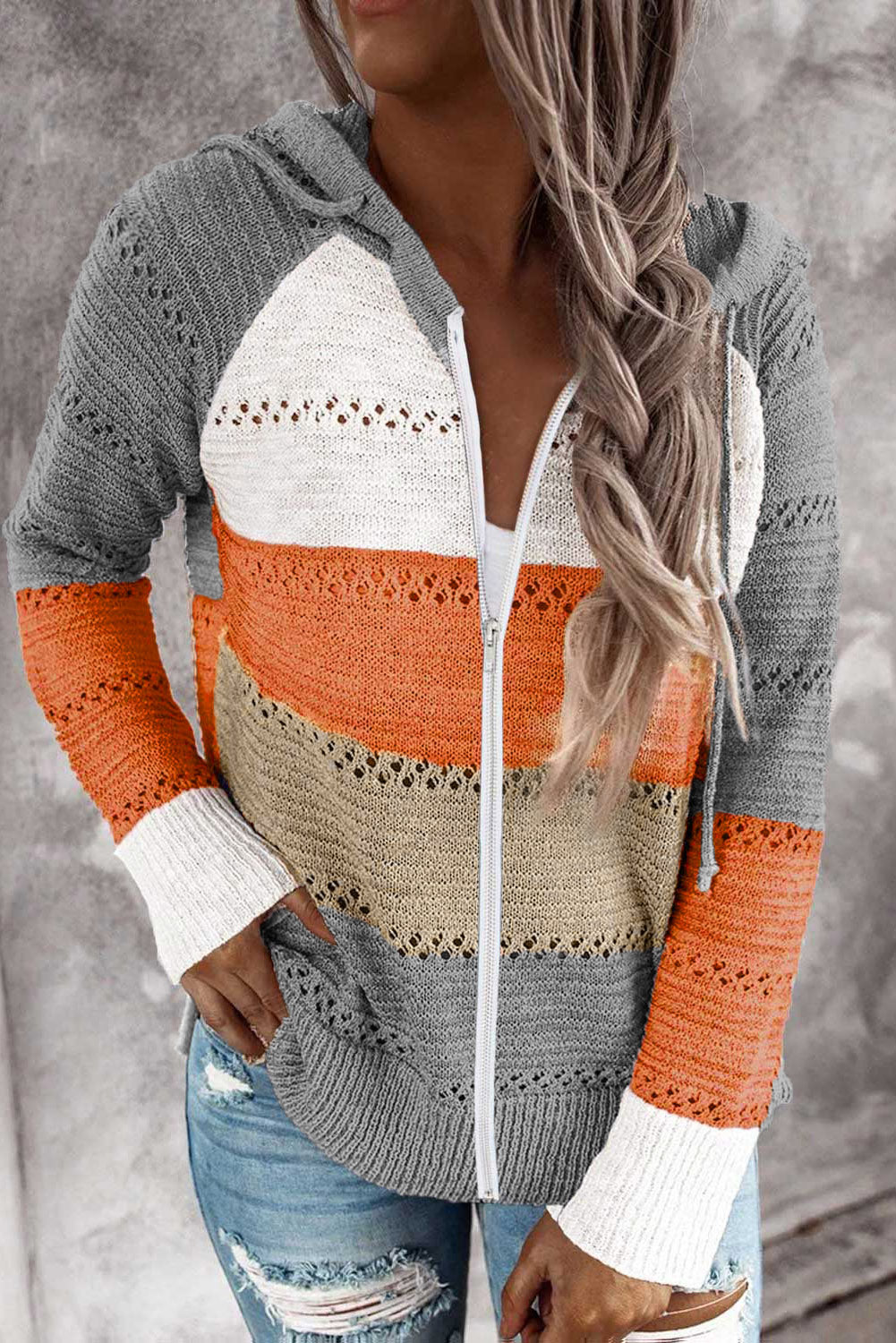 Multicolor Zipped Front Colorblock Hollow-out Knit Hoodie