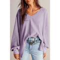 Orchid Petal Waffle V Neck Long Sleeve Drop Shoulder Loose Blouse Shirts Top