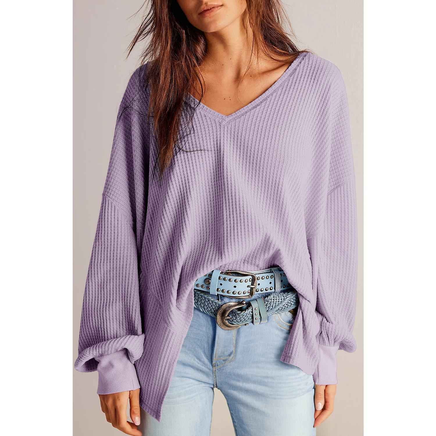 Orchid Petal Waffle V Neck Long Sleeve Drop Shoulder Loose Blouse Shirts Top