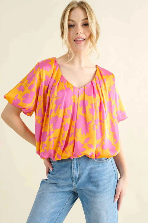 And The Why Full Size Printed Satin Bubble Hem Top by Wild and Free Boutique