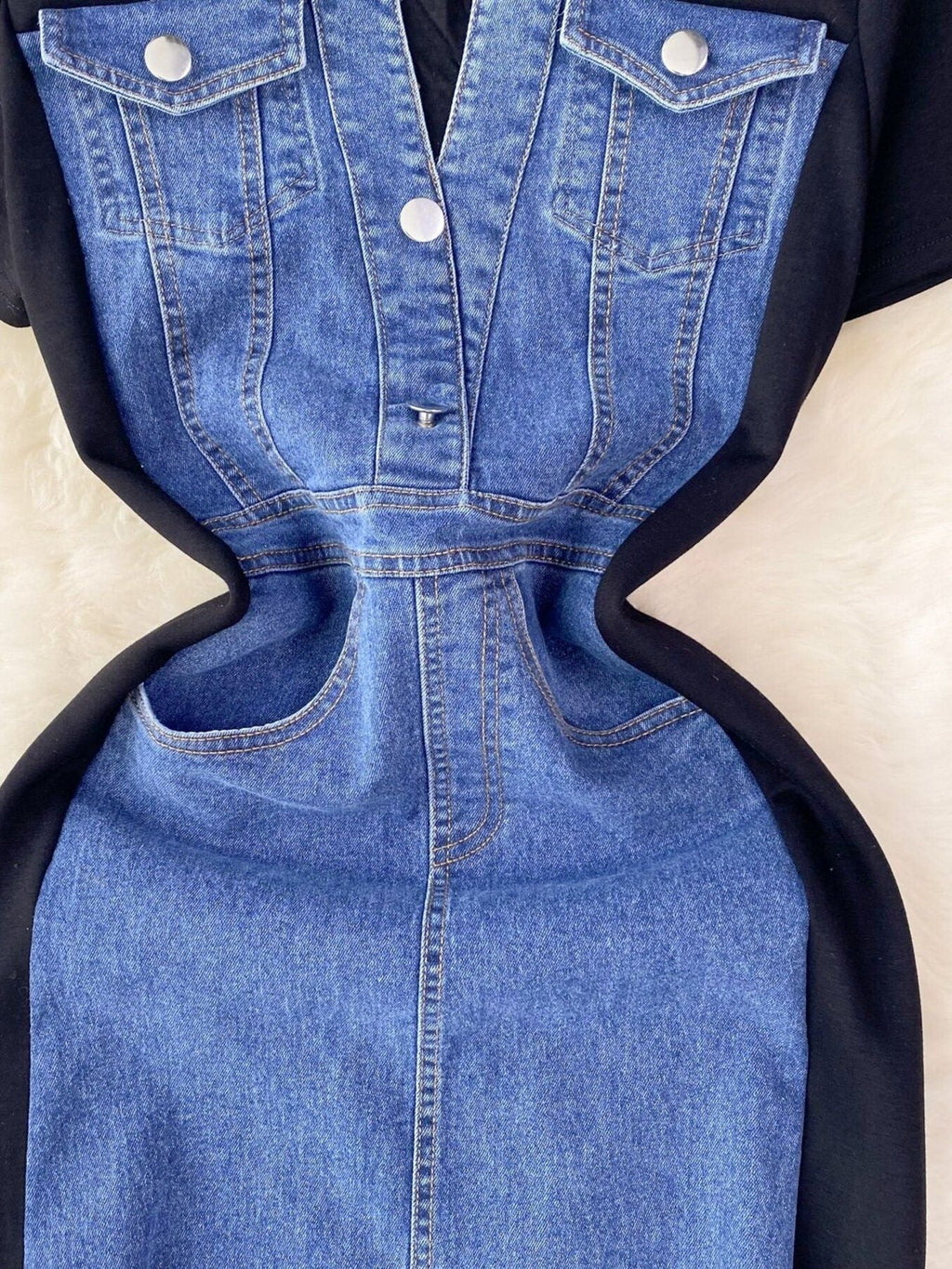 Full Size Denim Patchwork Short Sleeve Slit Back Dress Plus Size by Shopiebay