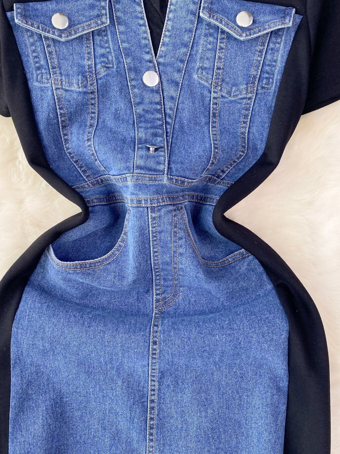 Full Size Denim Patchwork Short Sleeve Slit Back Dress Plus Size by Shopiebay