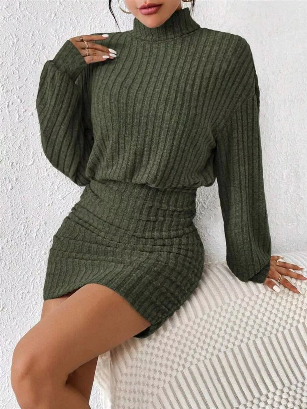 Ribbed Knit Turtleneck Bodycon Mini Dress by Shopiebay