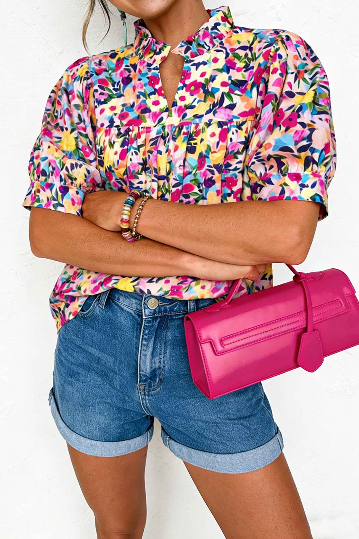 Pink Flower Print Frilled Collar Short Puff Sleeve Summer Blouse