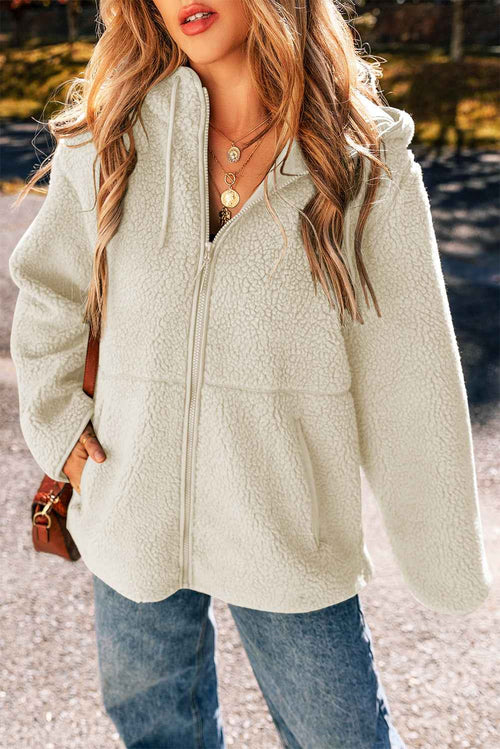 Beige Fleece Zip Up Drawstring Hooded Pocketed Jacket by Wild and Free Boutique