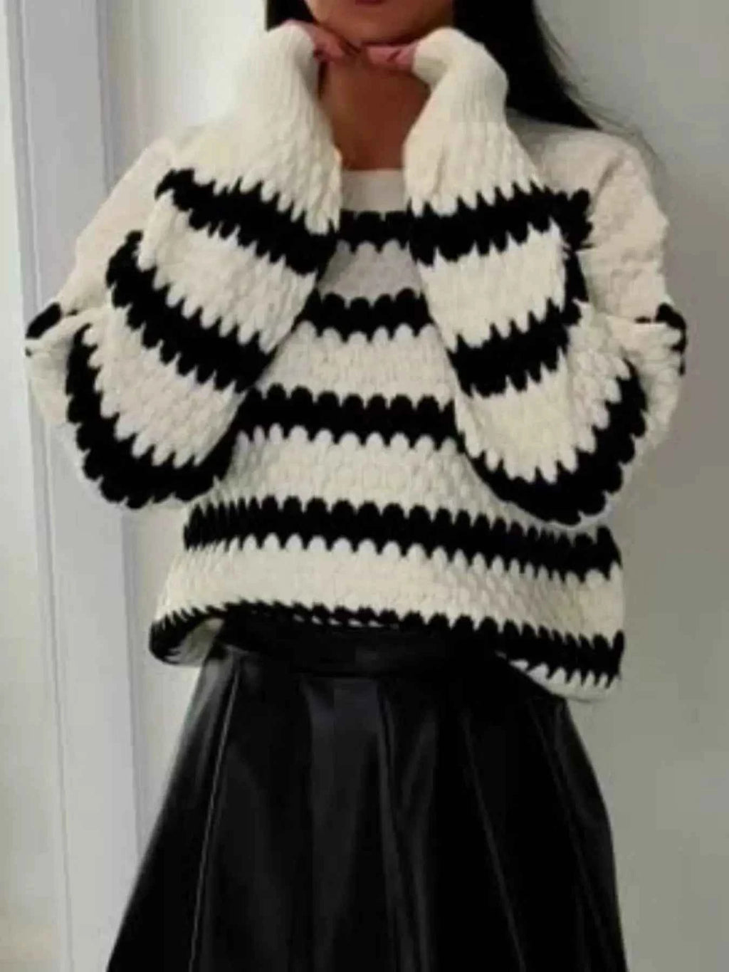 Striped Round Neck Dropped Shoulder Sweater