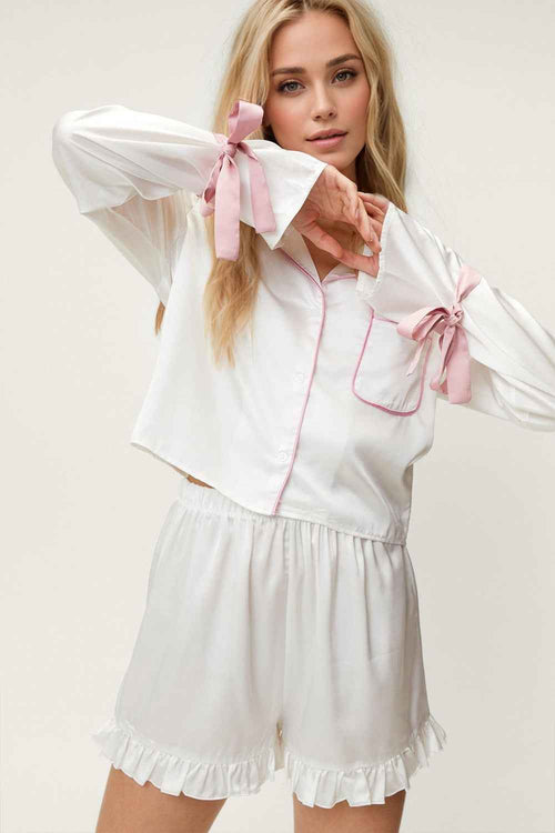 Basic Bae Tied Cuff Collared Neck Top and Frill Shorts Lounge Set by Wild and Free Boutique