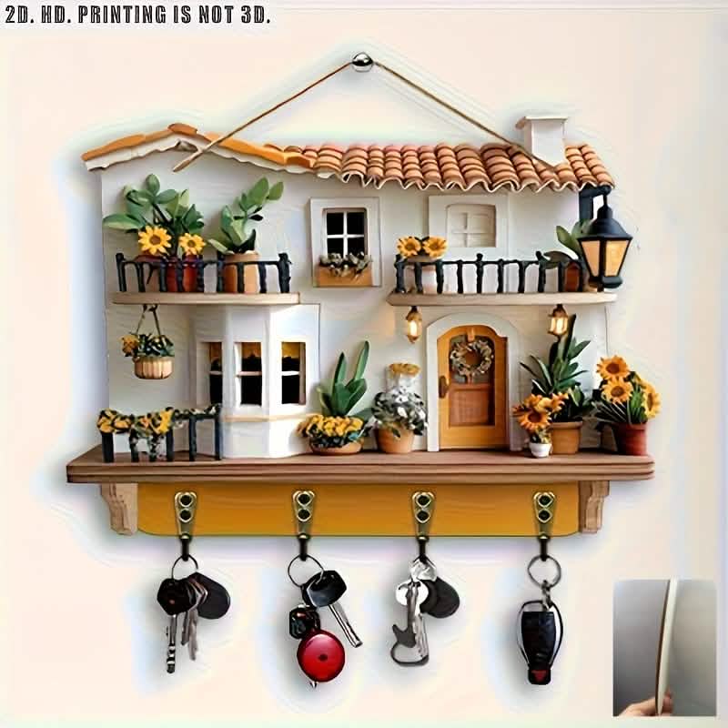 Sunflower Cottage Wooden Key Holder – 4 Hooks, Wall Decor (Boho Style) by DailySale