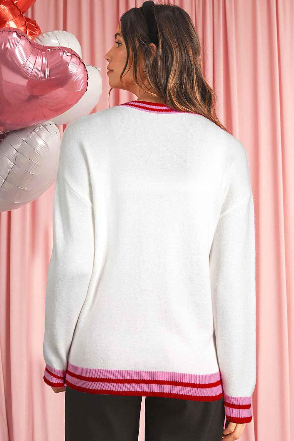 White Striped Trim Bow Graphic Round Neck Drop Shoulder Sweater