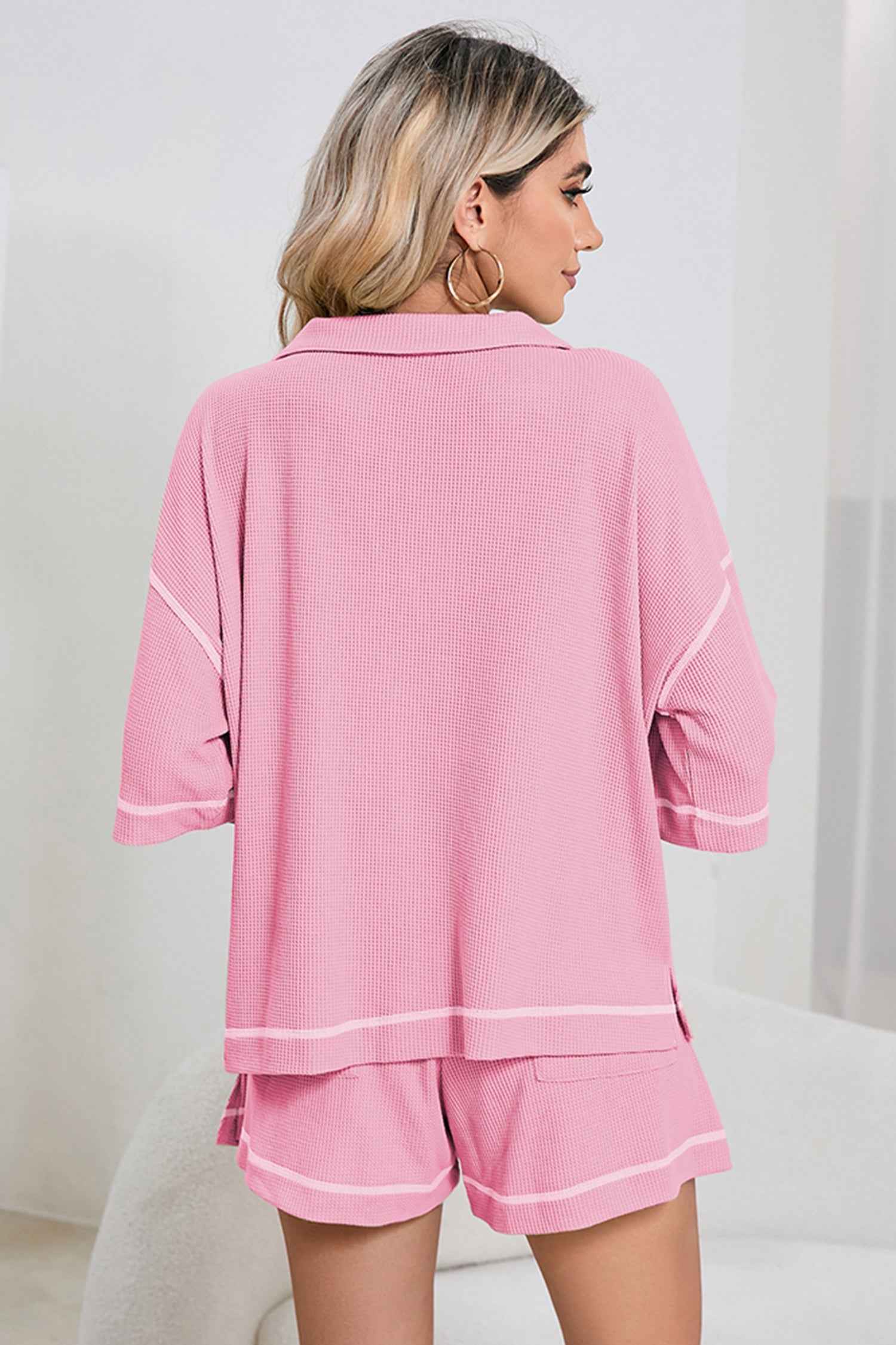 Pink Breathable Waffle Color Block Trim 2pcs Casual Short Set