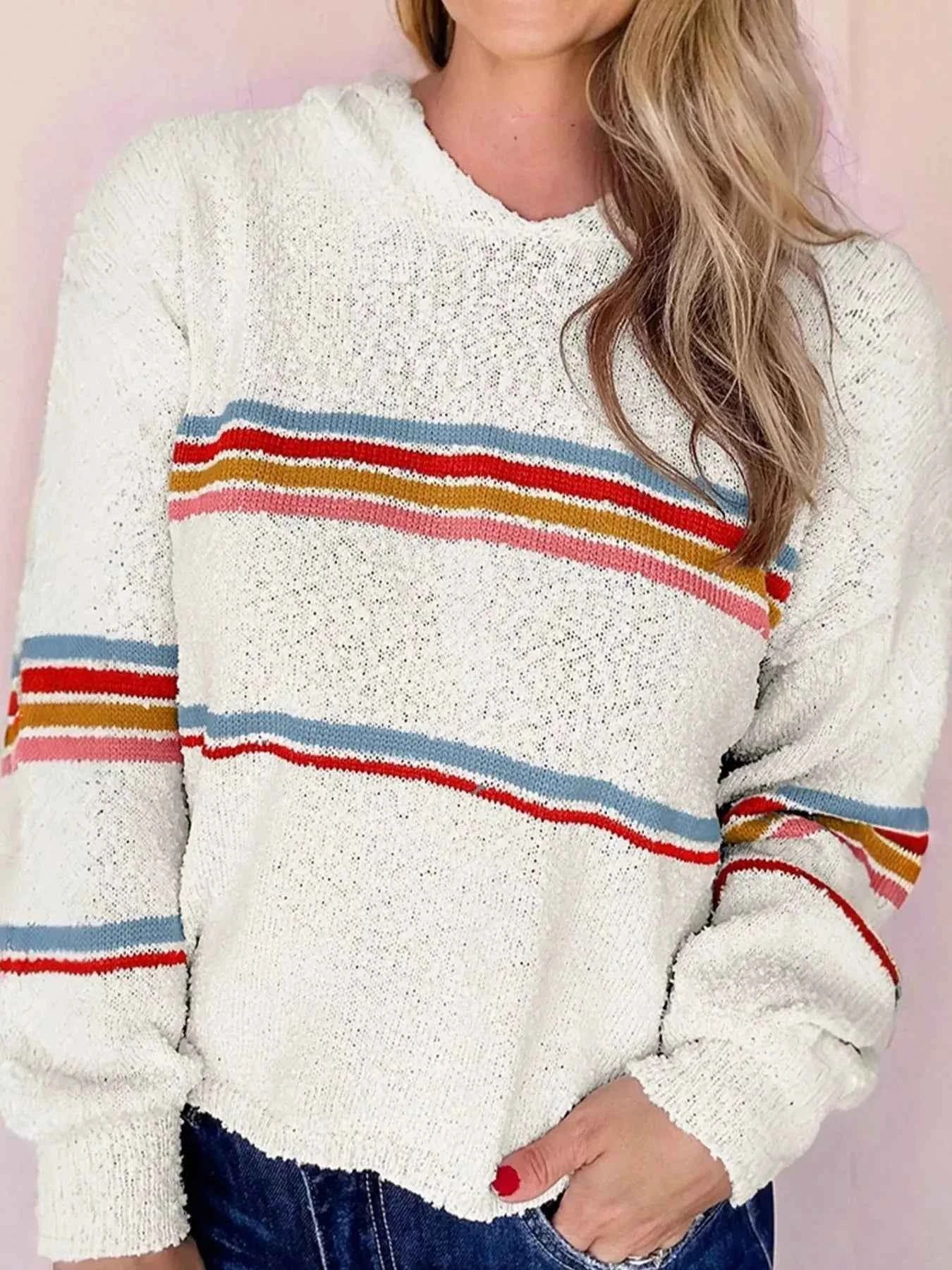 Multicolored Striped Accent Popcorn Hooded Sweater by Be Bliss Boutique