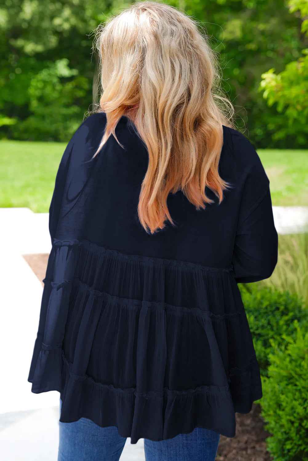Navy Blue Frill Tiered Patchwork Ribbed Trim Flowy Plus Size Top