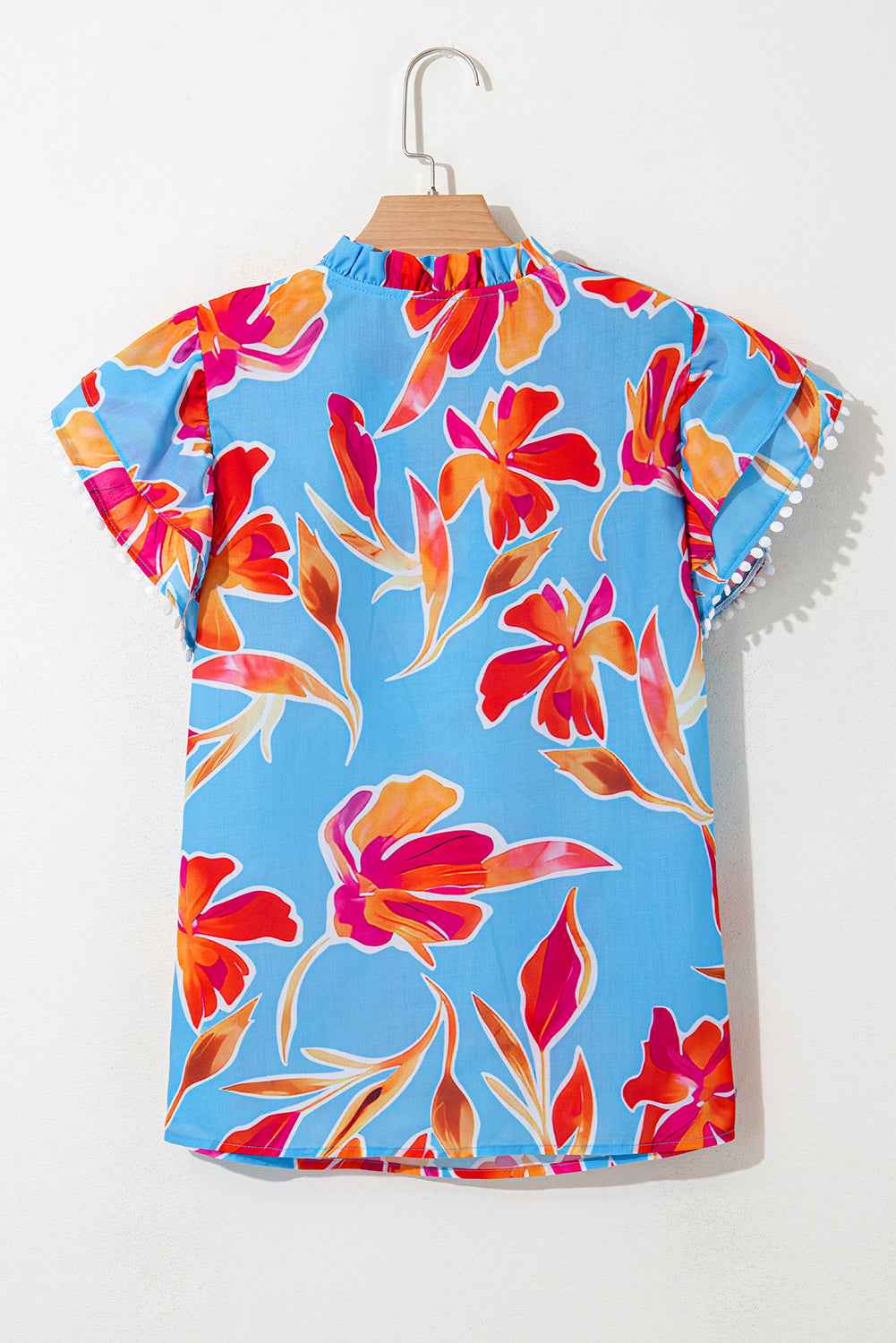 Sky Blue Floral Print V Neck Pompom Trim Flutter Sleeve Blouse