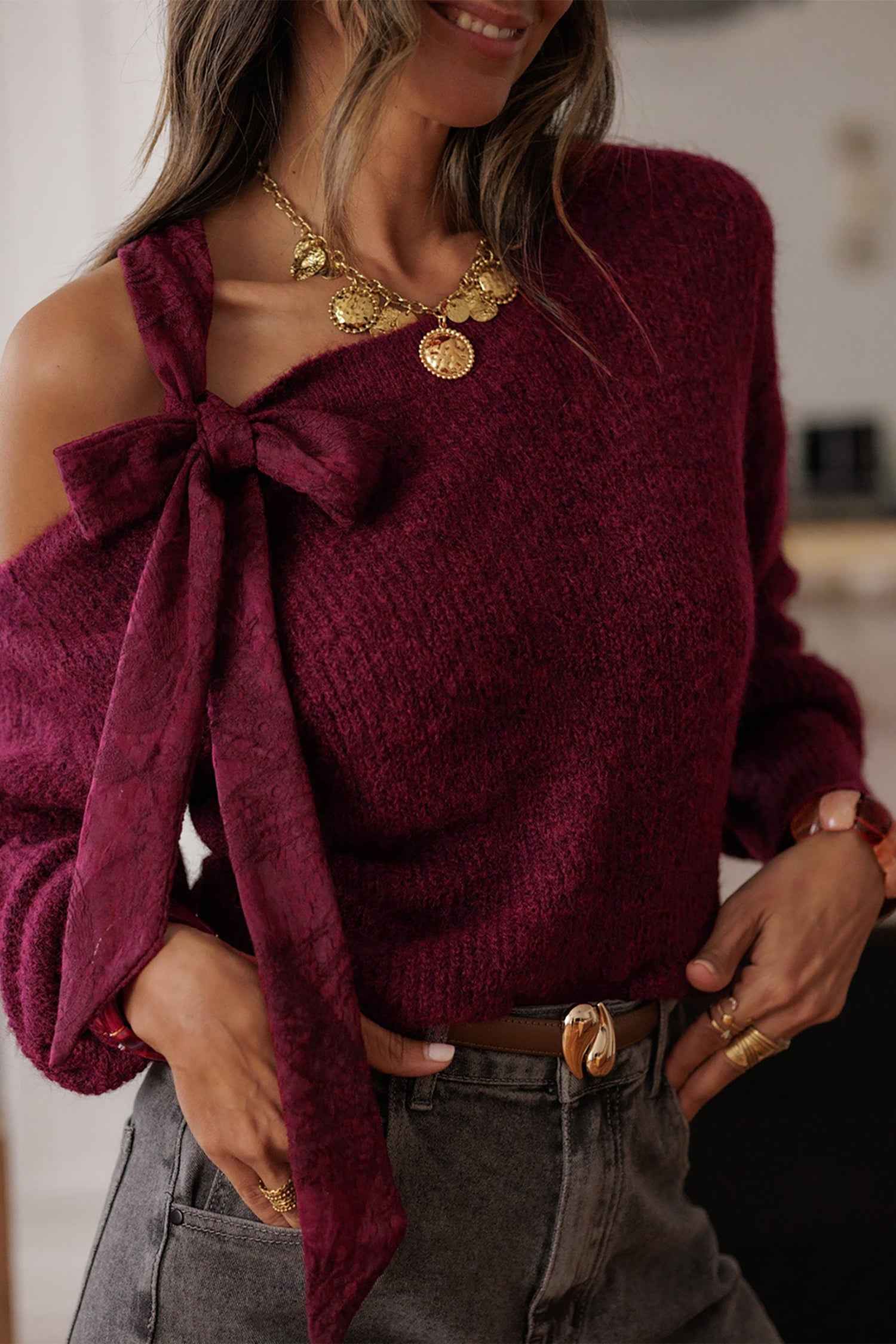 Burgundy Lace Bowknot Asymmetric Neck Sweater