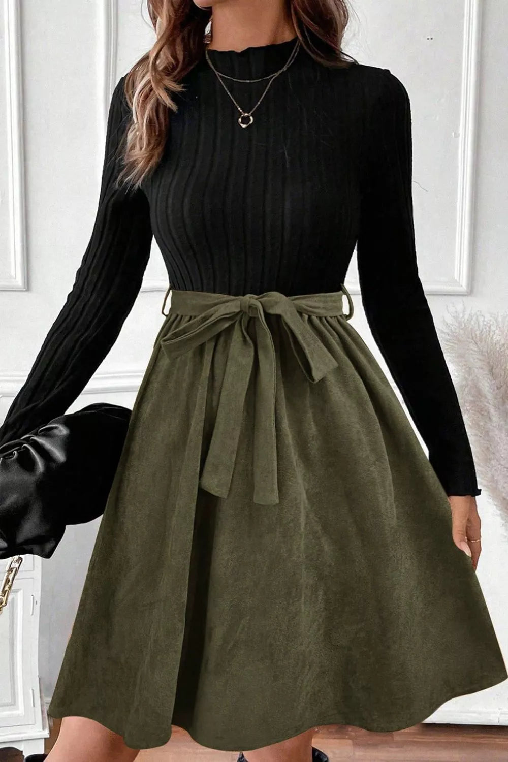 Ribbed Tie Waist A-Line Dress by Shopiebay
